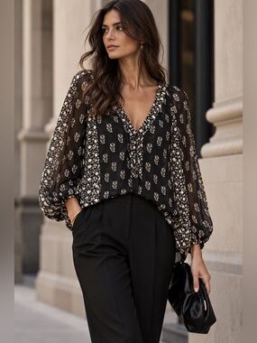 Joie Black White Mixed Print Silk Blouse M Boho Sheer Tunic Top